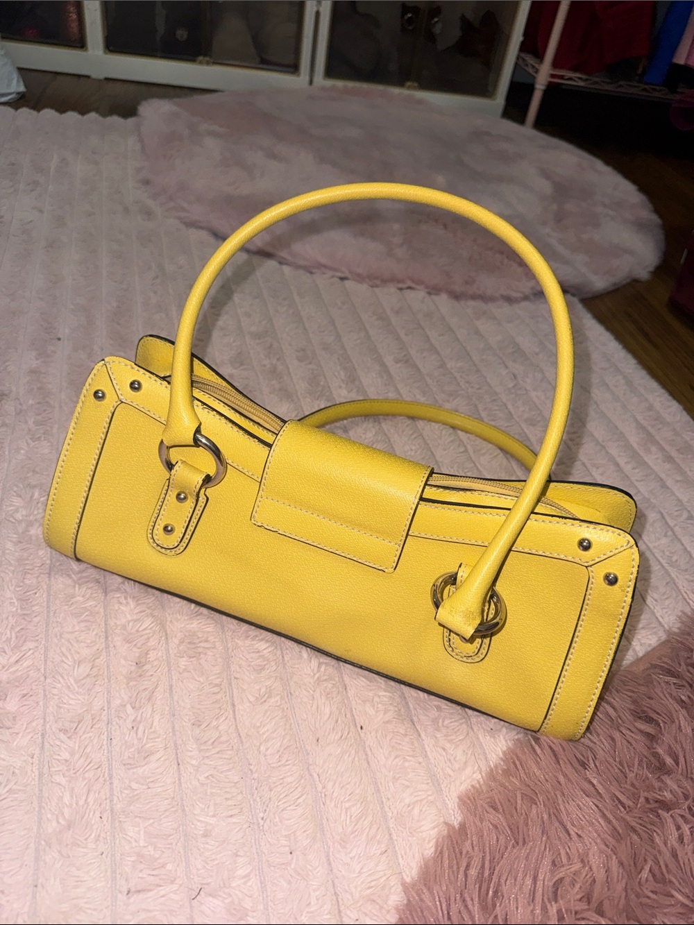 Bright Yellow Structured Shoulder Bag with Silver Accent - Picture 3 of 11